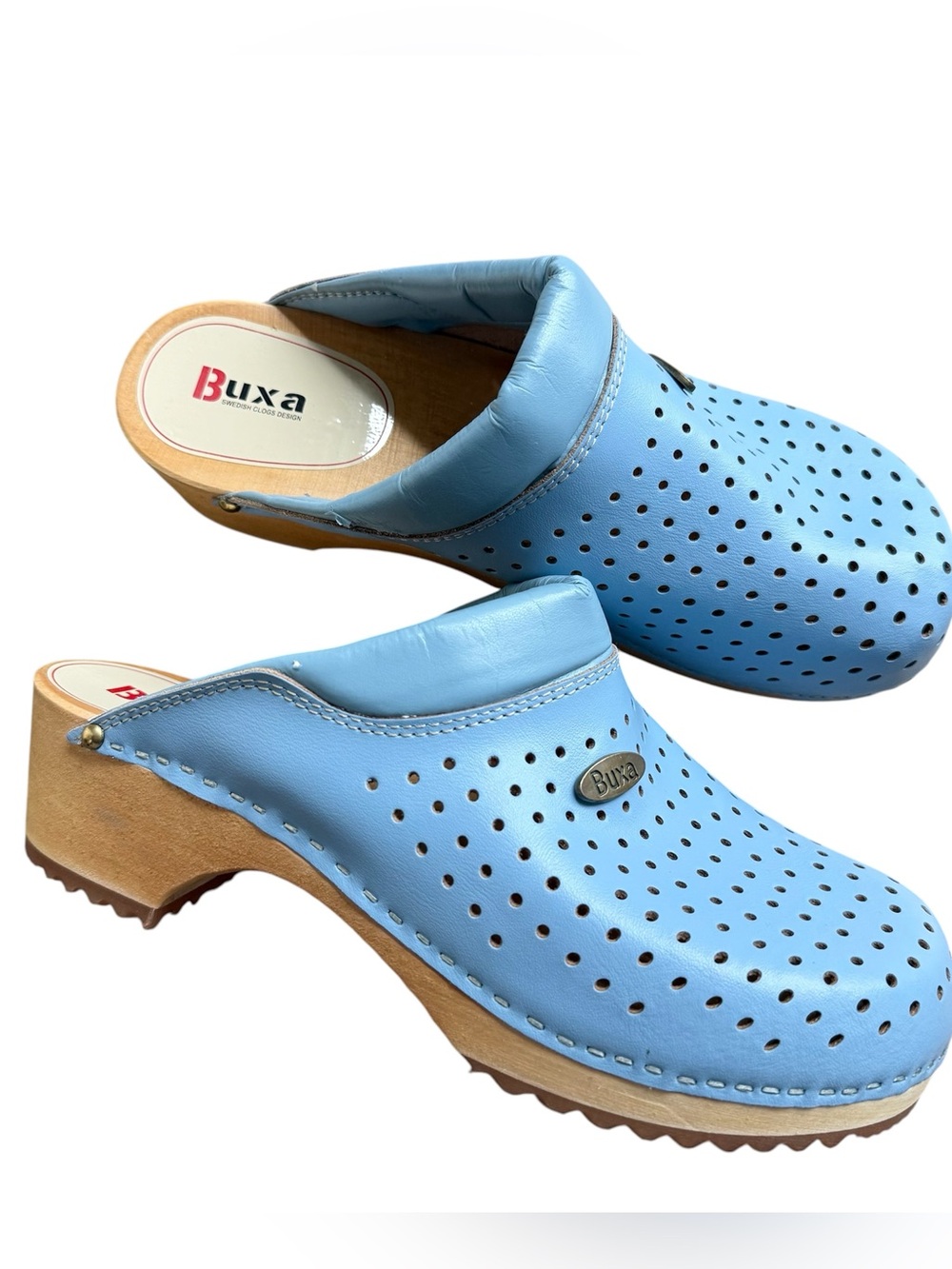 Buxa wooden leather medical clogs shoes blue size 39 US 7.5/8 Swedish